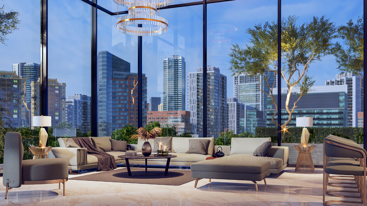 Luxury apartment that overlooks the city skyscrapers