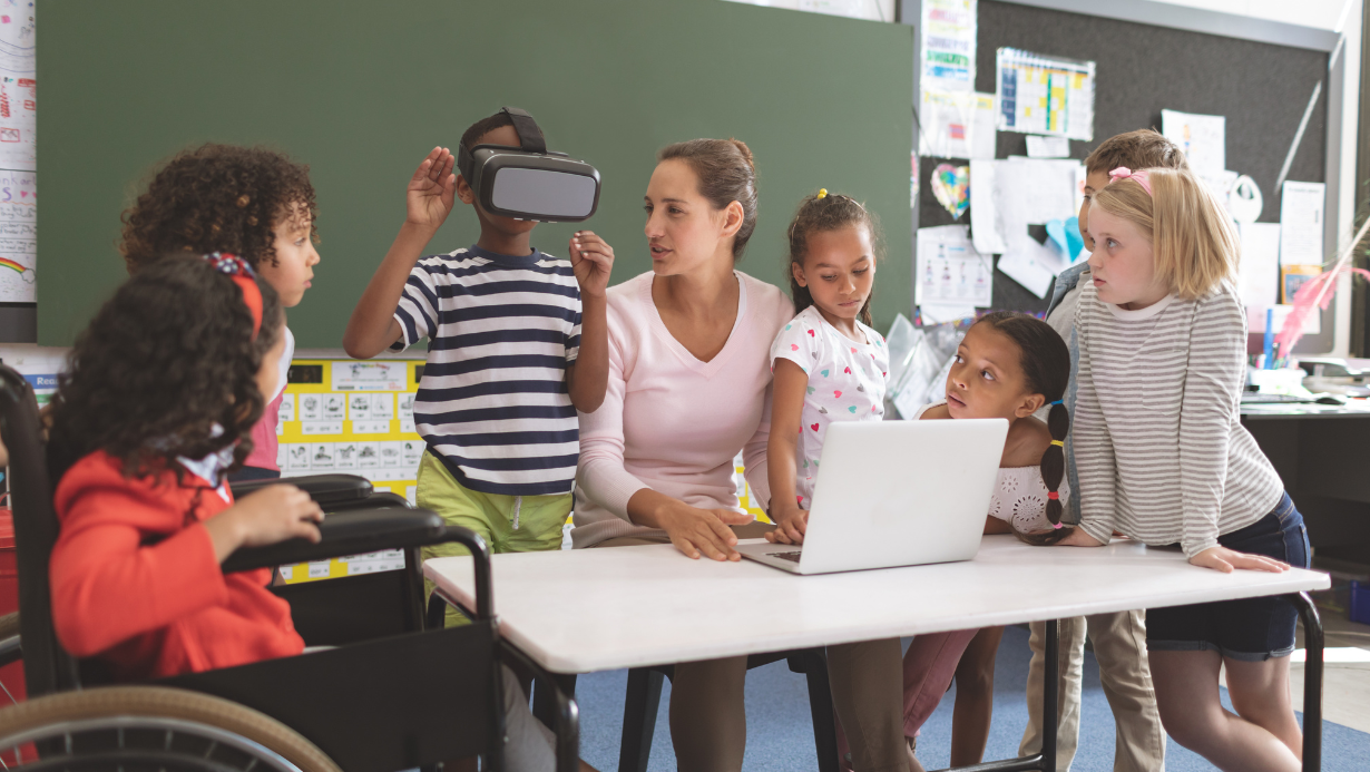 Students in a virtual class with a teacher