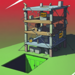 Model of a building about to fall into a trap door